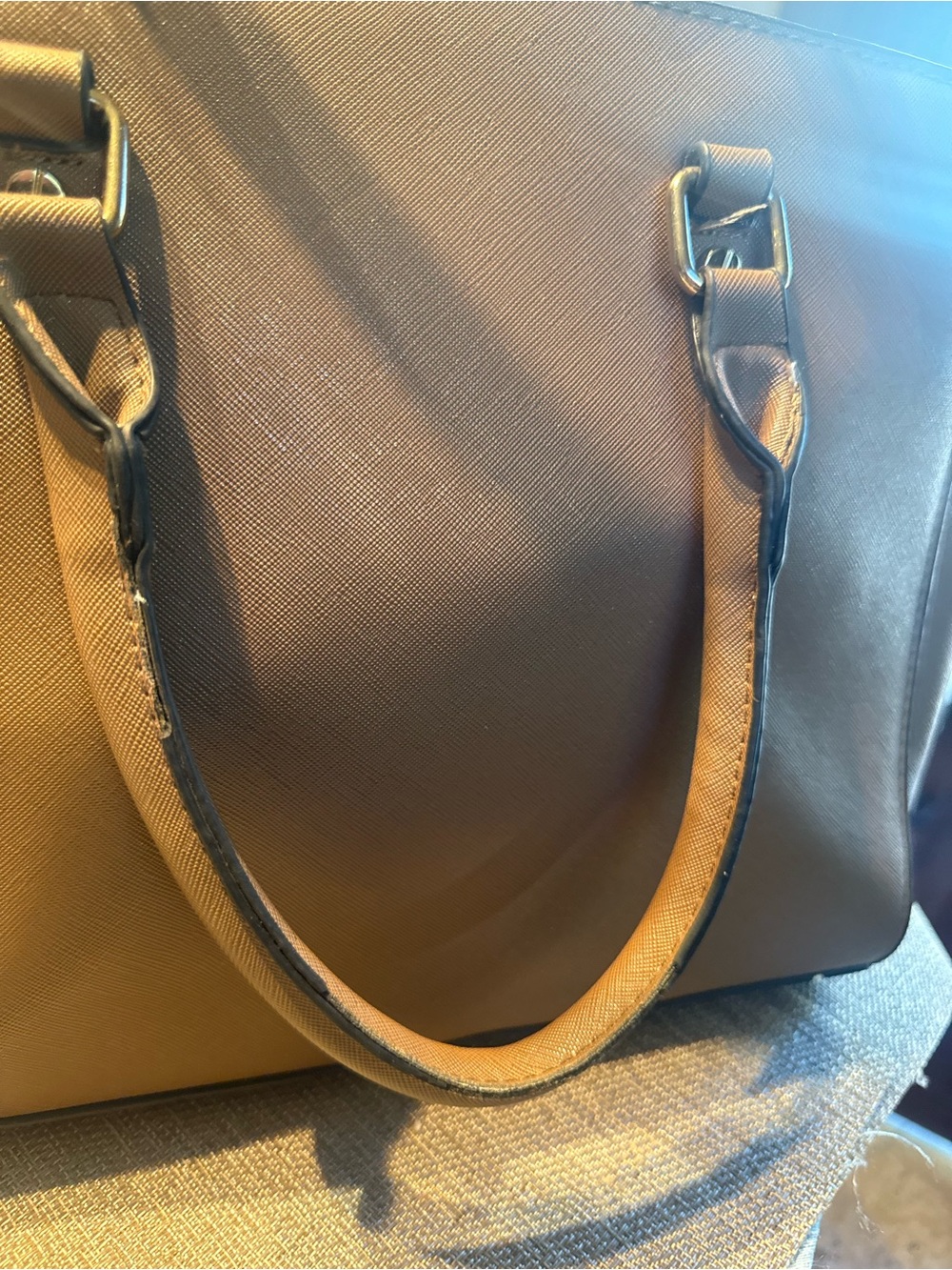 Michael Kors Brown Saffiano Satchel Handbag Gold MK Charm Structured Tote - Picture 3 of 5